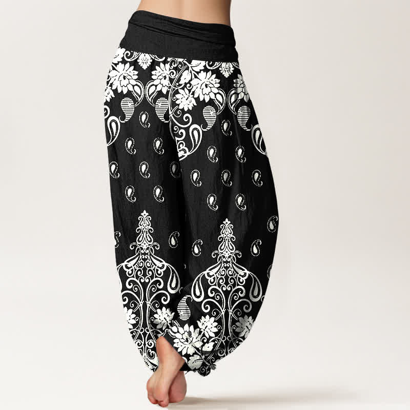 Buddha Stones Pantaloni harem da donna in puro cotone bianco con fantasia floreale paisley e vita elasticizzata. - image 9