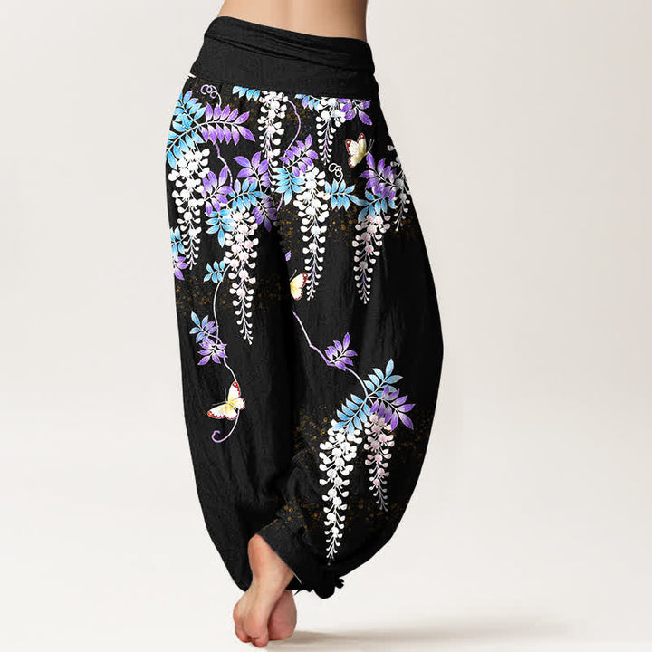 Buddha Stones Pantaloni harem da donna in puro cotone con motivo a farfalle e glicine, con elastico in vita. - image 1