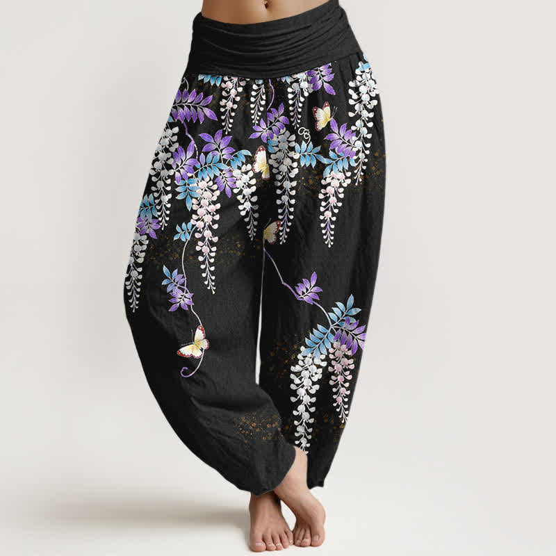 Buddha Stones Pantaloni harem da donna in puro cotone con motivo a farfalle e glicine, con elastico in vita. - Nero - US16, UK/AU20, EU48 (3XL) - image 0