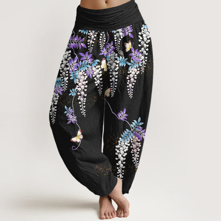 Buddha Stones Pantaloni harem da donna in puro cotone con motivo a farfalle e glicine, con elastico in vita. - Nero - US16, UK/AU20, EU48 (3XL) - image 0