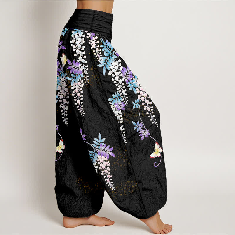 Buddha Stones Pantaloni harem da donna in puro cotone con motivo a farfalle e glicine, con elastico in vita. - image 2