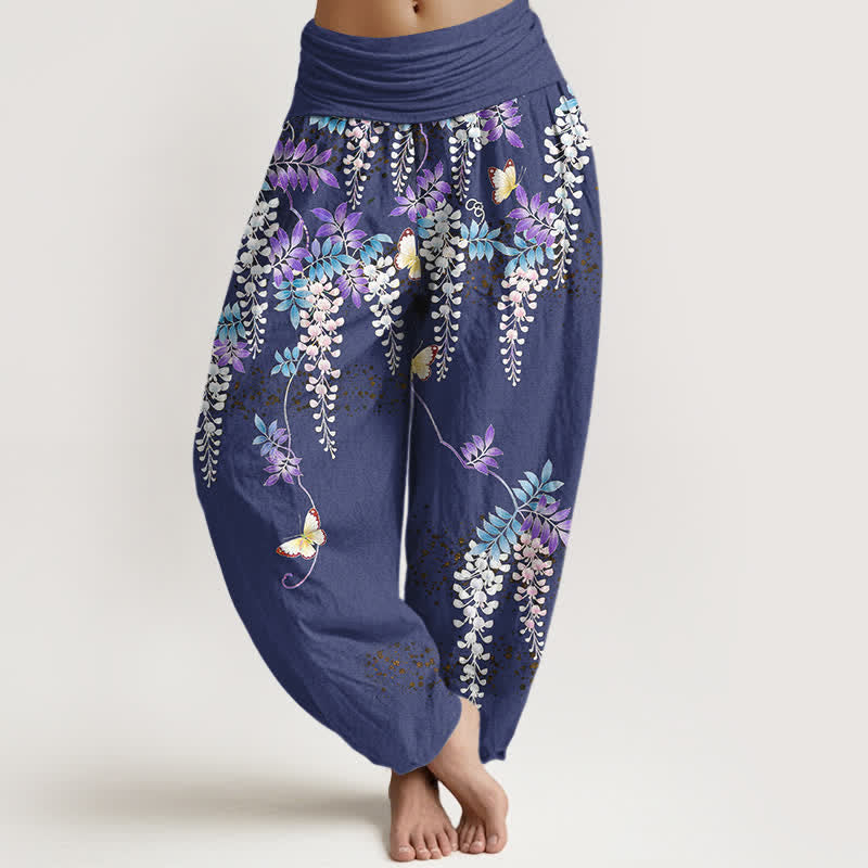 Buddha Stones Pantaloni harem da donna in puro cotone con motivo a farfalle e glicine, con elastico in vita. - Blu Ardesia - US16, UK/AU20, EU48 (3XL) - image 5