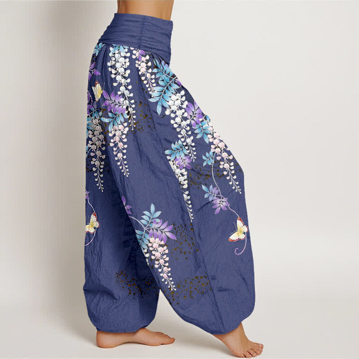 Buddha Stones Pantaloni harem da donna in puro cotone con motivo a farfalle e glicine, con elastico in vita. - image 7