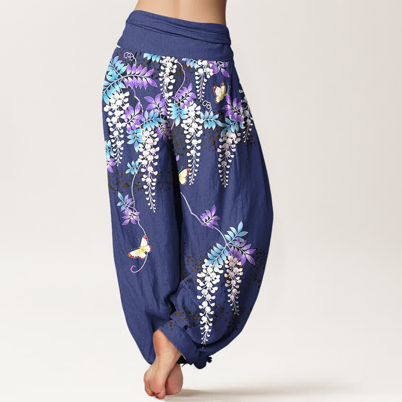 Buddha Stones Pantaloni harem da donna in puro cotone con motivo a farfalle e glicine, con elastico in vita. - image 6