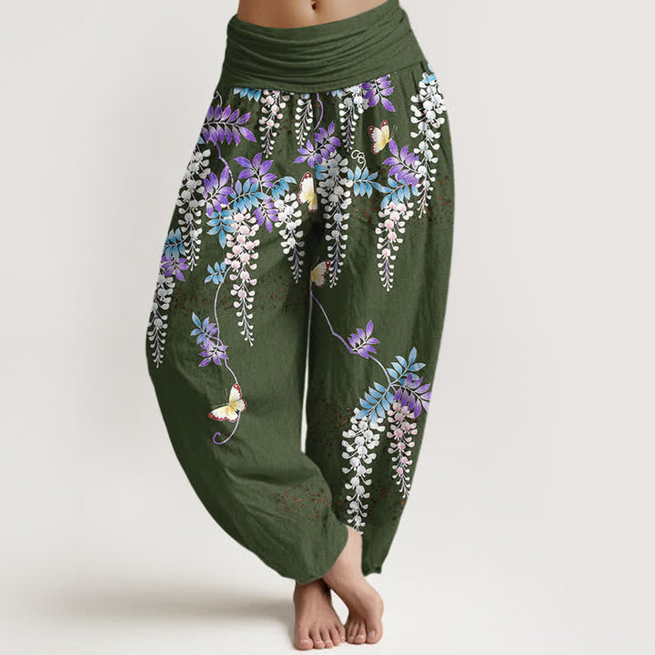 Buddha Stones Pantaloni harem da donna in puro cotone con motivo a farfalle e glicine, con elastico in vita. - Verde oliva scuro - US16, UK/AU20, EU48 (3XL) - image 8