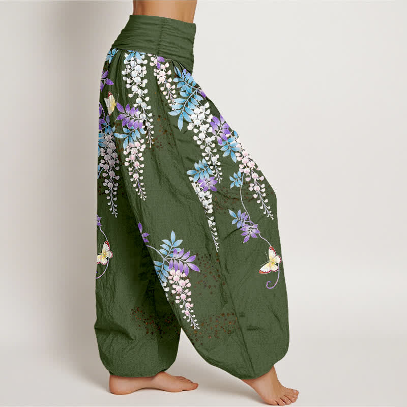 Buddha Stones Pantaloni harem da donna in puro cotone con motivo a farfalle e glicine, con elastico in vita. - image 10