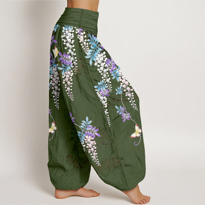 Buddha Stones Pantaloni harem da donna in puro cotone con motivo a farfalle e glicine, con elastico in vita. - image 10