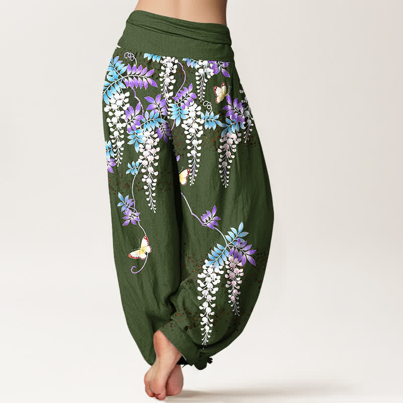 Buddha Stones Pantaloni harem da donna in puro cotone con motivo a farfalle e glicine, con elastico in vita. - image 9