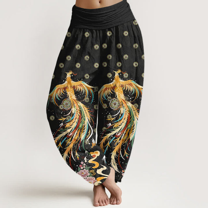 Buddha Stones Pantaloni harem da donna in cotone con fantasia fenice dorata e vita elasticizzata - Nero - US16, UK/AU20, EU48 (3XL) - image 0