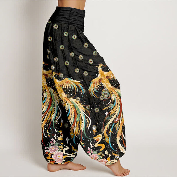 Buddha Stones Pantaloni harem da donna in cotone con fantasia fenice dorata e vita elasticizzata - image 2
