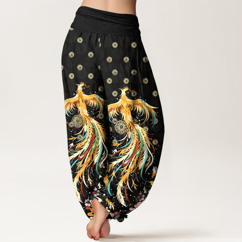 Buddha Stones Pantaloni harem da donna in cotone con fantasia fenice dorata e vita elasticizzata - image 1