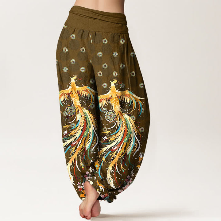 Buddha Stones Pantaloni harem da donna in cotone con fantasia fenice dorata e vita elasticizzata - image 6