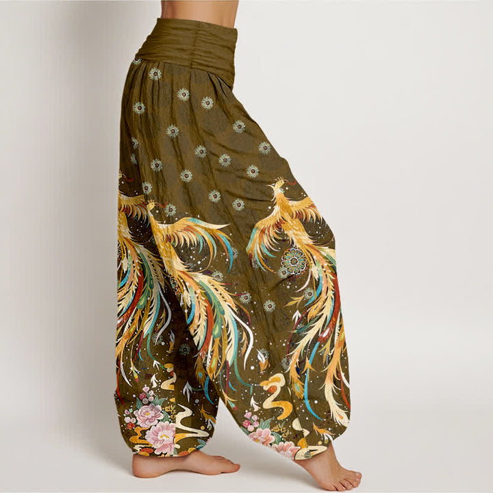 Buddha Stones Pantaloni harem da donna in cotone con fantasia fenice dorata e vita elasticizzata - image 7