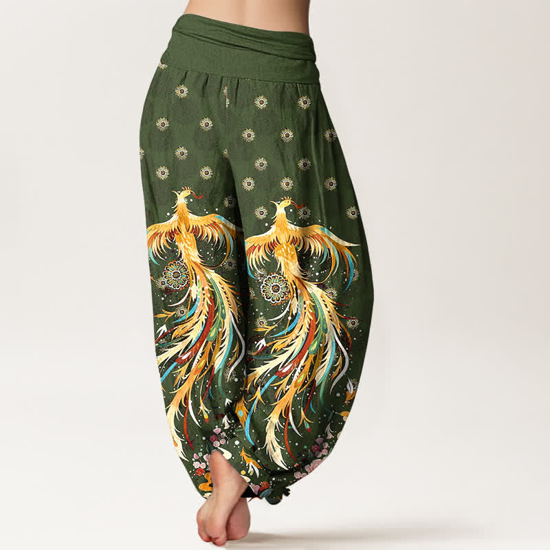 Buddha Stones Pantaloni harem da donna in cotone con fantasia fenice dorata e vita elasticizzata - image 9