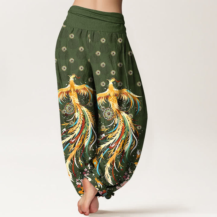 Buddha Stones Pantaloni harem da donna in cotone con fantasia fenice dorata e vita elasticizzata - image 9