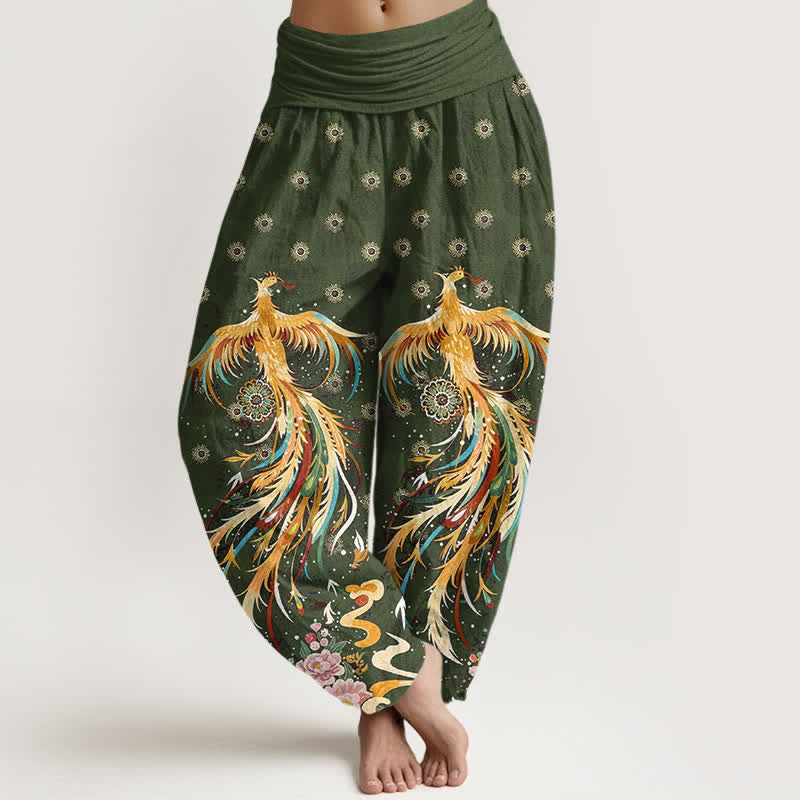 Buddha Stones Pantaloni harem da donna in cotone con fantasia fenice dorata e vita elasticizzata - Verde oliva - US16, UK/AU20, EU48 (3XL) - image 8