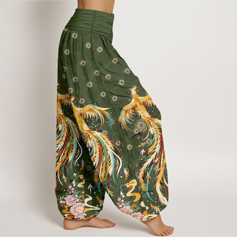 Buddha Stones Pantaloni harem da donna in cotone con fantasia fenice dorata e vita elasticizzata - image 10