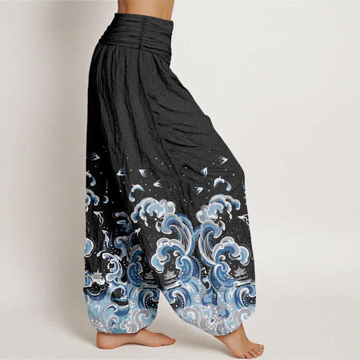 Buddha Stones Pantaloni harem da donna in cotone con motivo a onde blu oceano e vita elasticizzata - image 2