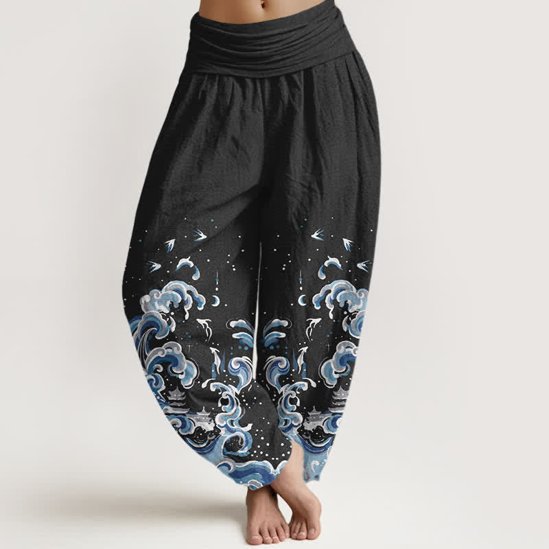Buddha Stones Pantaloni harem da donna in cotone con motivo a onde blu oceano e vita elasticizzata - Nero - US16, UK/AU20, EU48 (3XL) - image 0