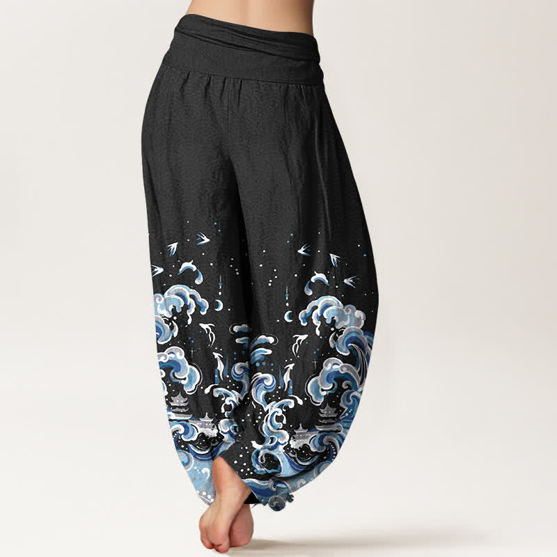 Buddha Stones Pantaloni harem da donna in cotone con motivo a onde blu oceano e vita elasticizzata - image 1