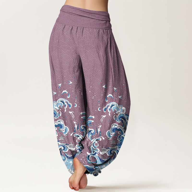 Buddha Stones Pantaloni harem da donna in cotone con motivo a onde blu oceano e vita elasticizzata - image 6