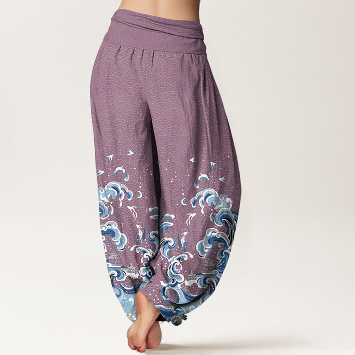 Buddha Stones Pantaloni harem da donna in cotone con motivo a onde blu oceano e vita elasticizzata - image 6