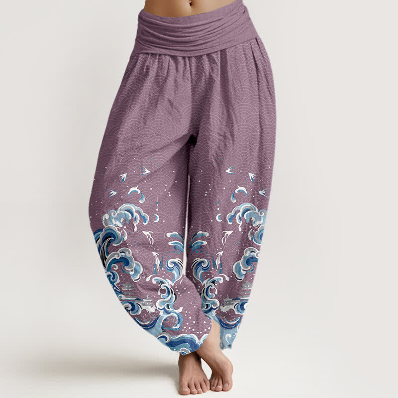 Buddha Stones Pantaloni harem da donna in cotone con motivo a onde blu oceano e vita elasticizzata - Prugna - US16, UK/AU20, EU48 (3XL) - image 5