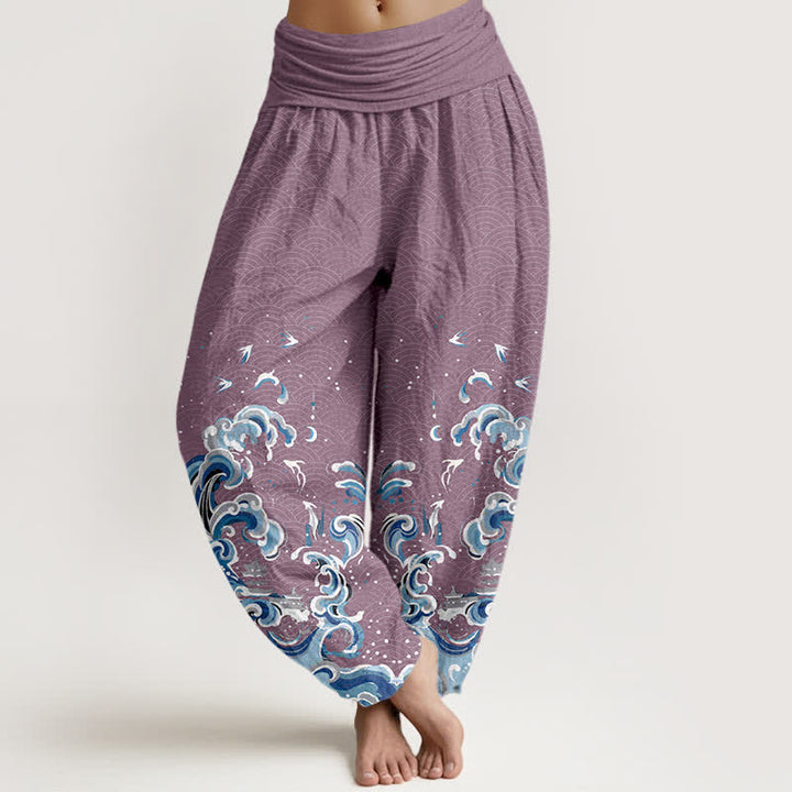 Buddha Stones Pantaloni harem da donna in cotone con motivo a onde blu oceano e vita elasticizzata - Prugna - US16, UK/AU20, EU48 (3XL) - image 5