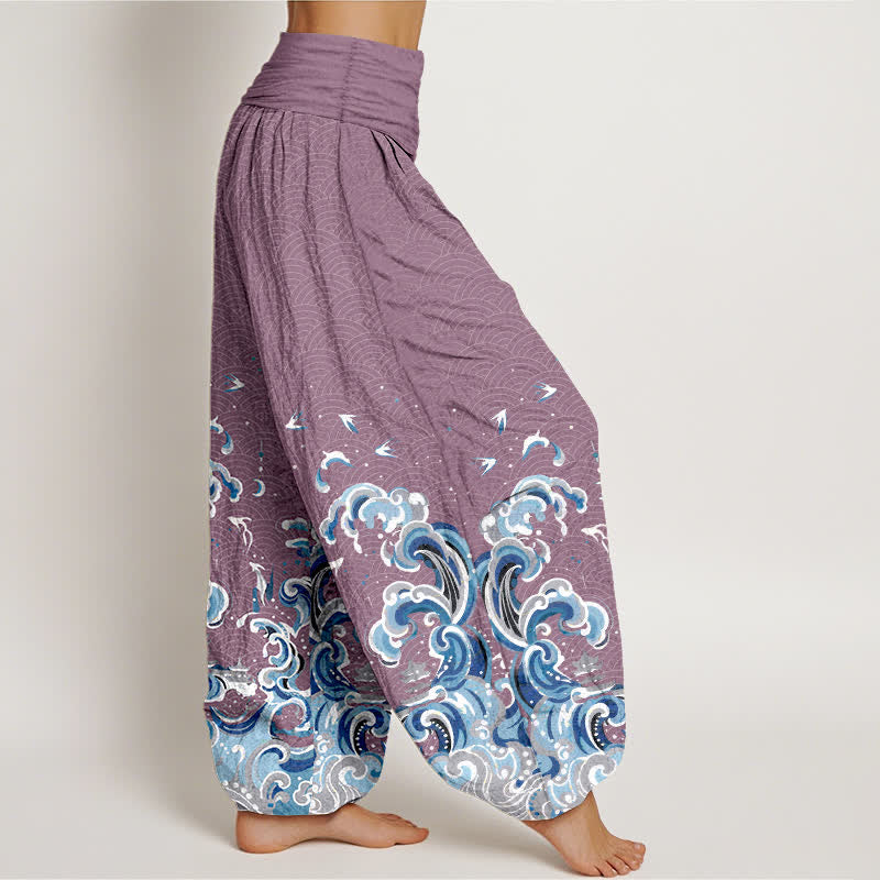 Buddha Stones Pantaloni harem da donna in cotone con motivo a onde blu oceano e vita elasticizzata - image 7