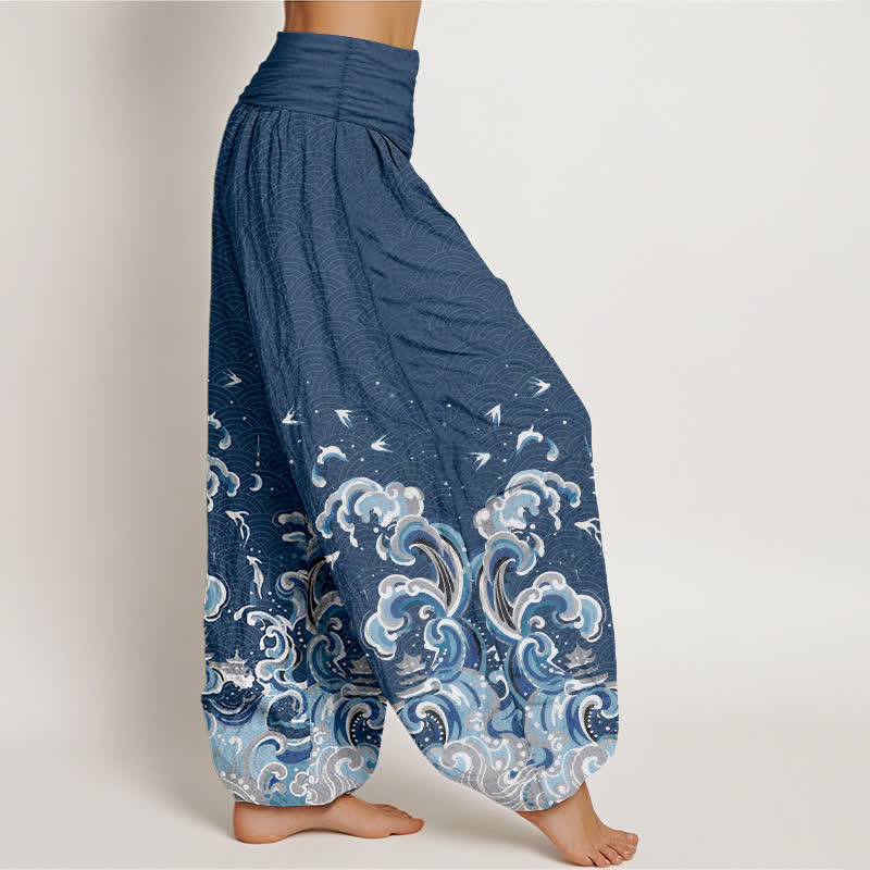 Buddha Stones Pantaloni harem da donna in cotone con motivo a onde blu oceano e vita elasticizzata - image 10