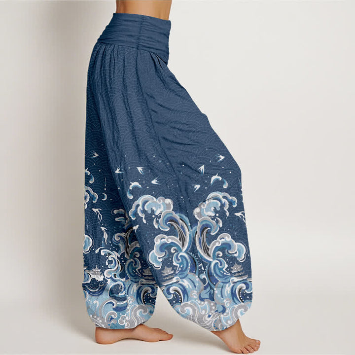Buddha Stones Pantaloni harem da donna in cotone con motivo a onde blu oceano e vita elasticizzata - image 10