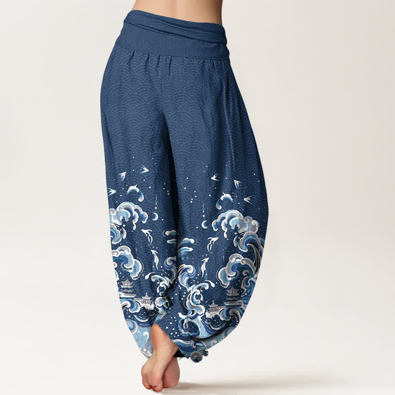 Buddha Stones Pantaloni harem da donna in cotone con motivo a onde blu oceano e vita elasticizzata - image 9