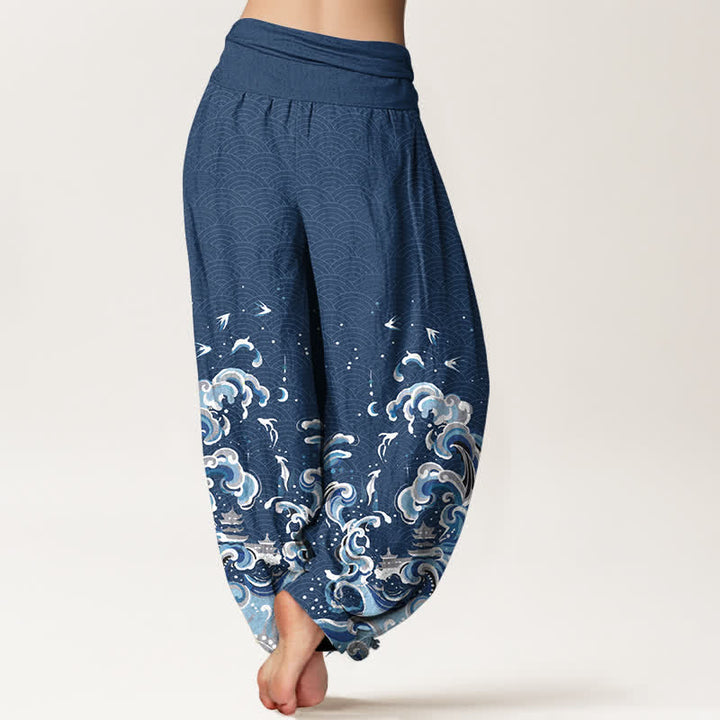 Buddha Stones Pantaloni harem da donna in cotone con motivo a onde blu oceano e vita elasticizzata - image 9