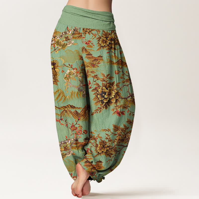Buddha Stones Pantaloni harem da donna in cotone vintage color giallo ocra scuro con motivo floreale paesaggistico e vita elasticizzata. - image 1