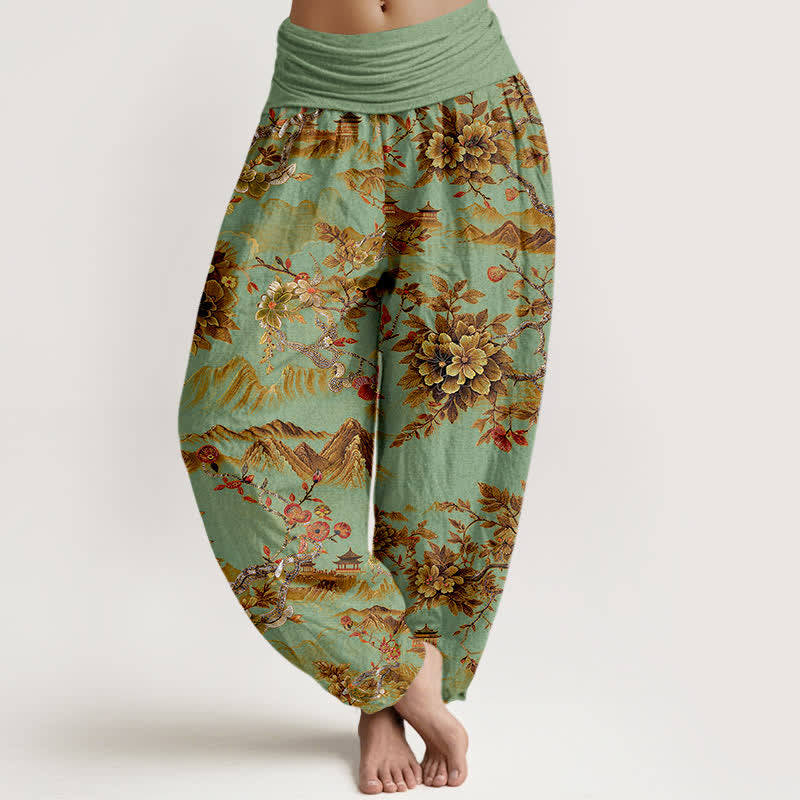 Buddha Stones Pantaloni harem da donna in cotone vintage color giallo ocra scuro con motivo floreale paesaggistico e vita elasticizzata. - Verde chiaro - US16, UK/AU20, EU48 (3XL) - image 0