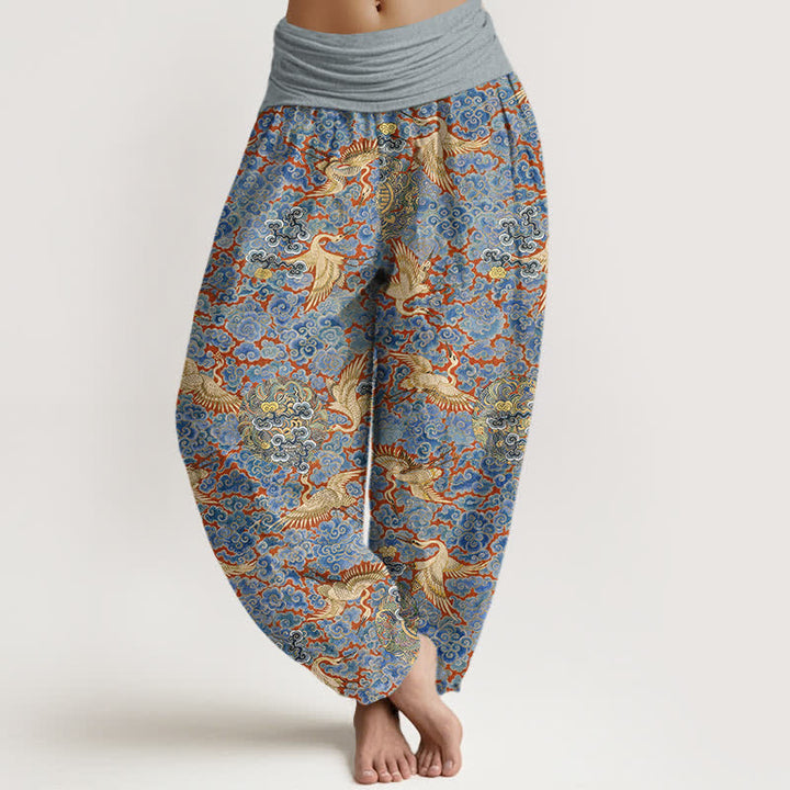 Buddha Stones Pantaloni harem da donna in cotone con elastico in vita e motivo floreale "Auspicious Cloud" e gru di cotone. - Cielo Blu - US16, UK/AU20, EU48 (3XL) - image 0
