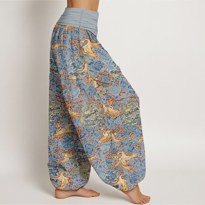 Buddha Stones Pantaloni harem da donna in cotone con elastico in vita e motivo floreale "Auspicious Cloud" e gru di cotone. - image 2