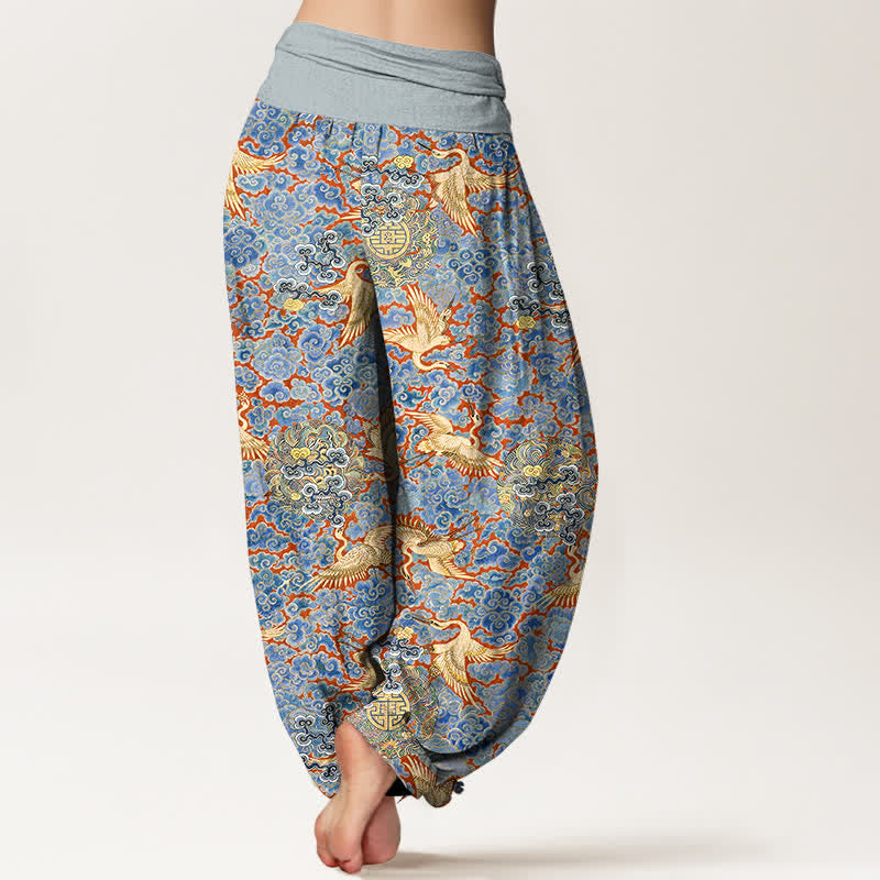 Buddha Stones Pantaloni harem da donna in cotone con elastico in vita e motivo floreale "Auspicious Cloud" e gru di cotone. - image 1