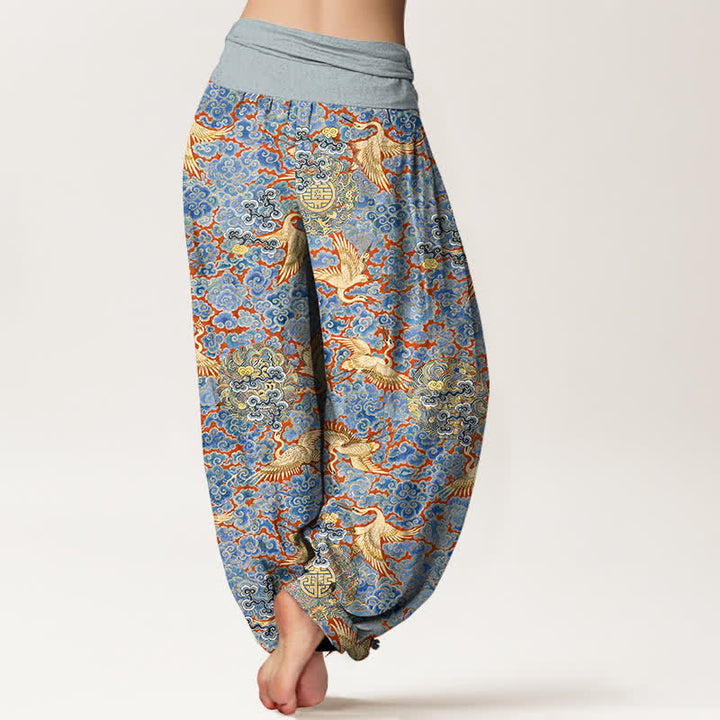 Buddha Stones Pantaloni harem da donna in cotone con elastico in vita e motivo floreale "Auspicious Cloud" e gru di cotone. - image 1