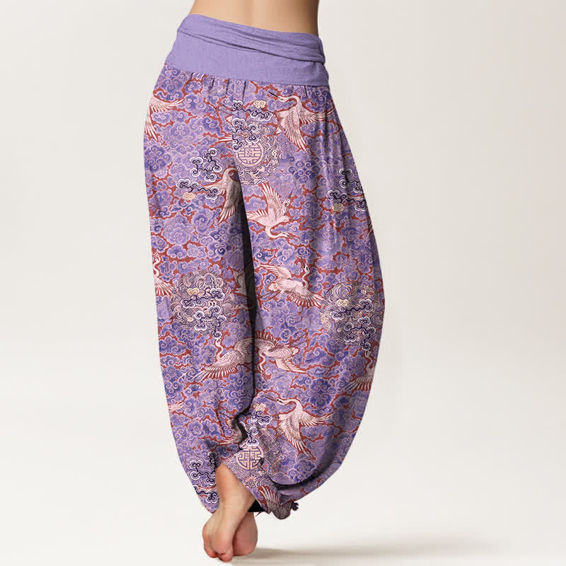Buddha Stones Pantaloni harem da donna in cotone con elastico in vita e motivo floreale "Auspicious Cloud" e gru di cotone. - image 6