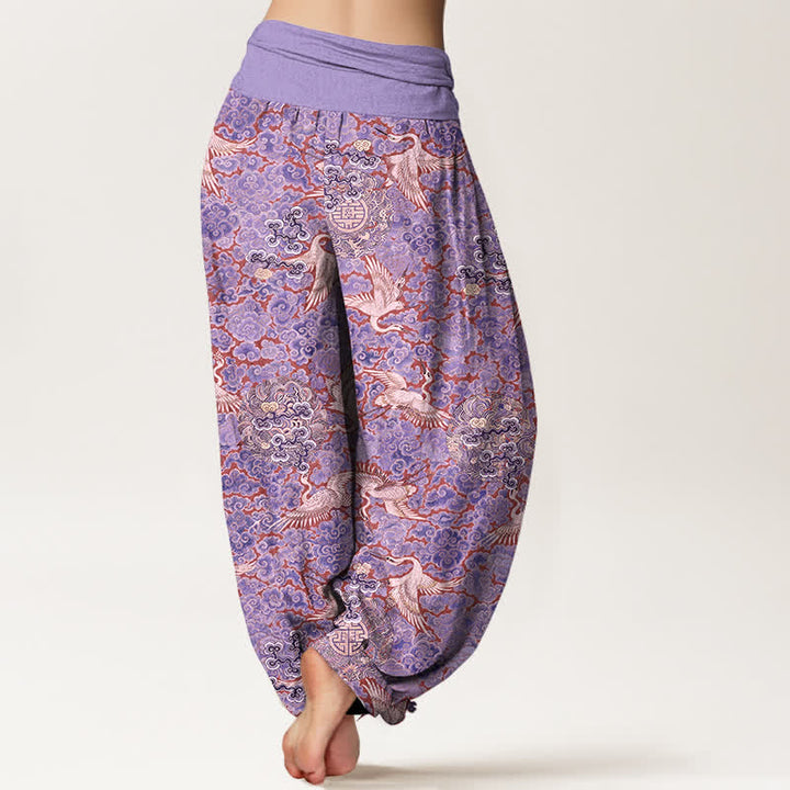 Buddha Stones Pantaloni harem da donna in cotone con elastico in vita e motivo floreale "Auspicious Cloud" e gru di cotone. - image 6