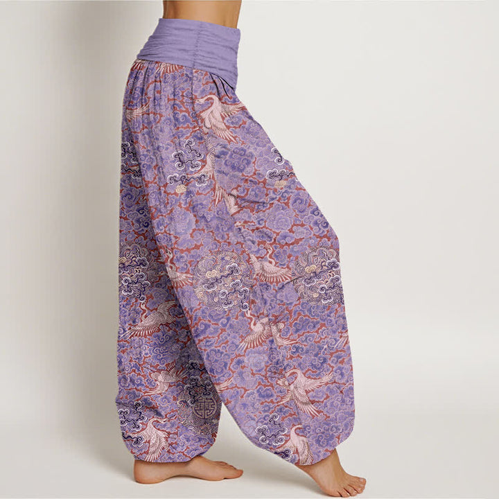 Buddha Stones Pantaloni harem da donna in cotone con elastico in vita e motivo floreale "Auspicious Cloud" e gru di cotone. - image 7