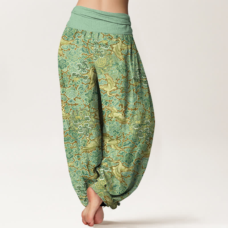Buddha Stones Pantaloni harem da donna in cotone con elastico in vita e motivo floreale "Auspicious Cloud" e gru di cotone. - image 9