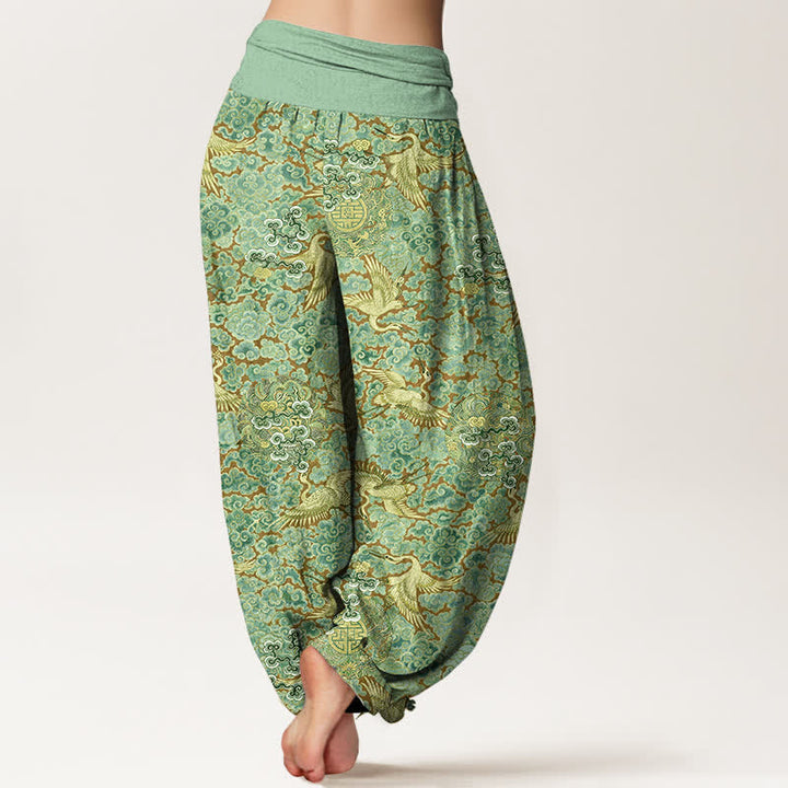 Buddha Stones Pantaloni harem da donna in cotone con elastico in vita e motivo floreale "Auspicious Cloud" e gru di cotone. - image 9
