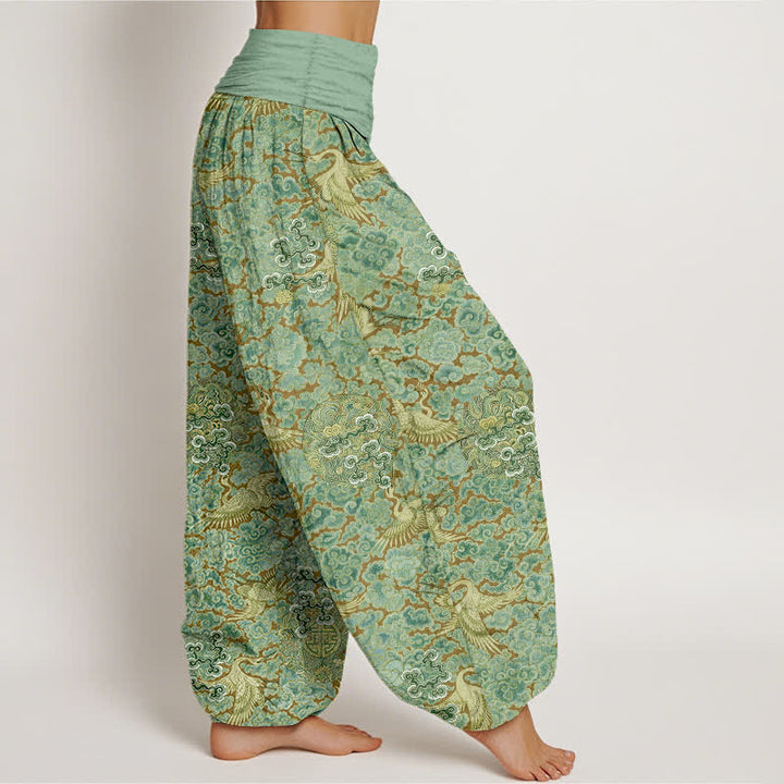 Buddha Stones Pantaloni harem da donna in cotone con elastico in vita e motivo floreale "Auspicious Cloud" e gru di cotone. - image 10