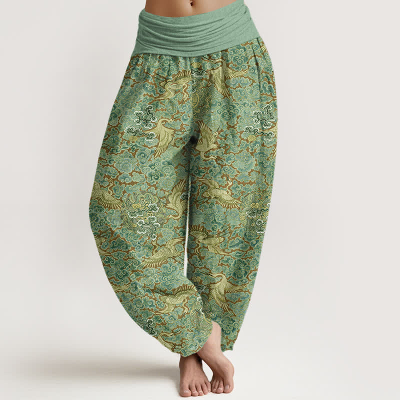 Buddha Stones Pantaloni harem da donna in cotone con elastico in vita e motivo floreale "Auspicious Cloud" e gru di cotone. - Verde chiaro - US16, UK/AU20, EU48 (3XL) - image 8