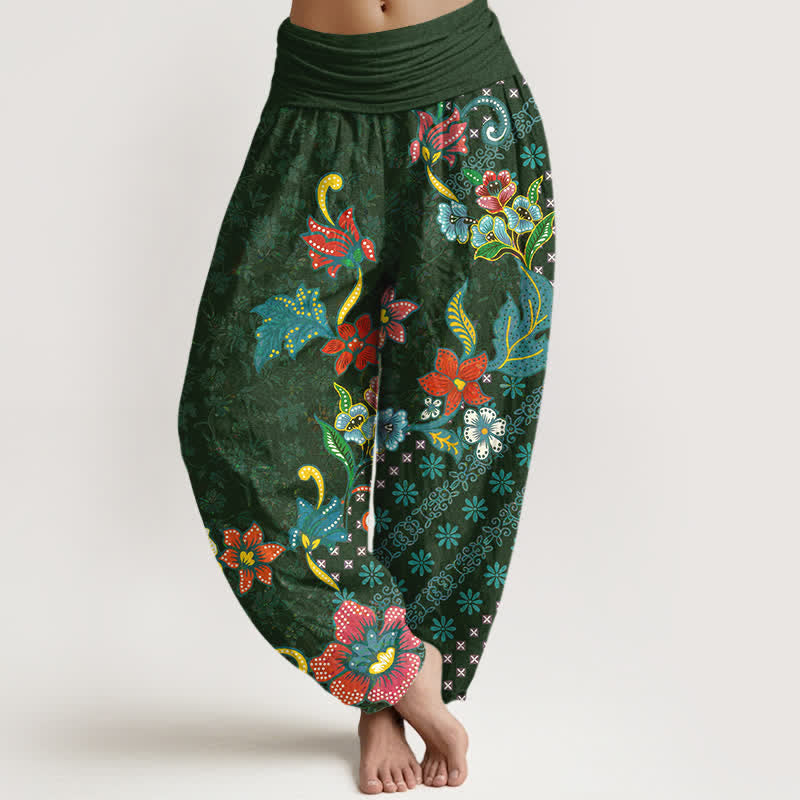 Buddha Stones Pantaloni harem da donna in puro cotone, stile bohémien, con fantasia floreale colorata e vita elasticizzata. - Verde studentesco - US16, UK/AU20, EU48 (3XL) - image 0