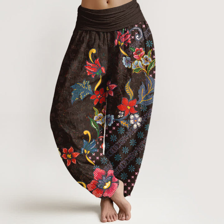 Buddha Stones Pantaloni harem da donna in puro cotone, stile bohémien, con fantasia floreale colorata e vita elasticizzata. - Marrone sella - US16, UK/AU20, EU48 (3XL) - image 8