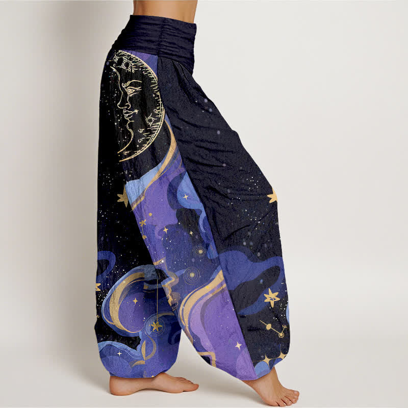 Buddha Stones Pantaloni harem da donna in cotone con elastico in vita e fantasia a onde con sole, luna e stelle. - image 2