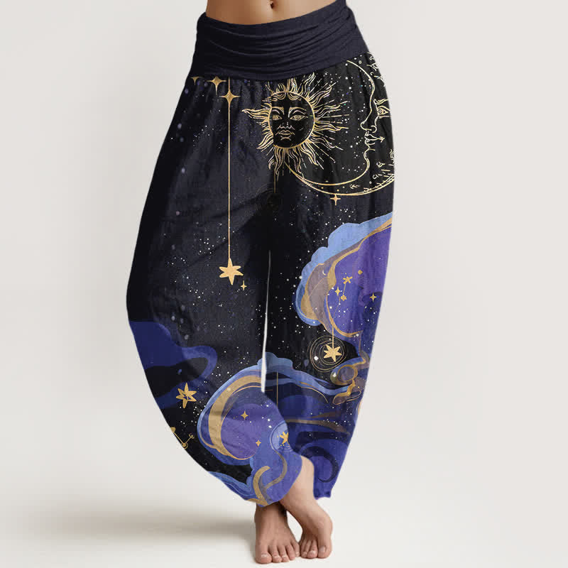 Buddha Stones Pantaloni harem da donna in cotone con elastico in vita e fantasia a onde con sole, luna e stelle. - Nero - US16, UK/AU20, EU48 (3XL) - image 0
